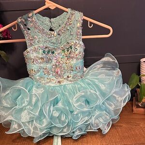 (SOLD) Elegant Aqua Kids Dress with Lace and Gem Accents